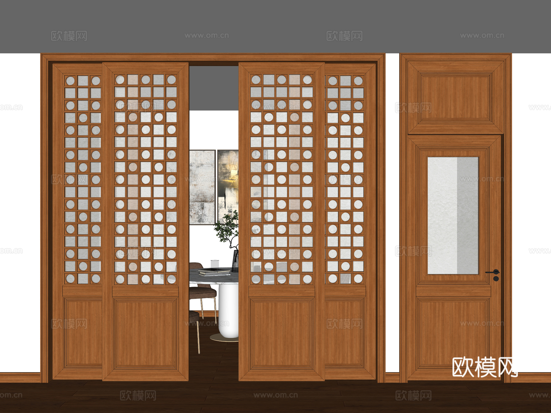 新中式实木玻璃推拉门 卫生间平开门 卫生间单开门 实木玻璃门su模型