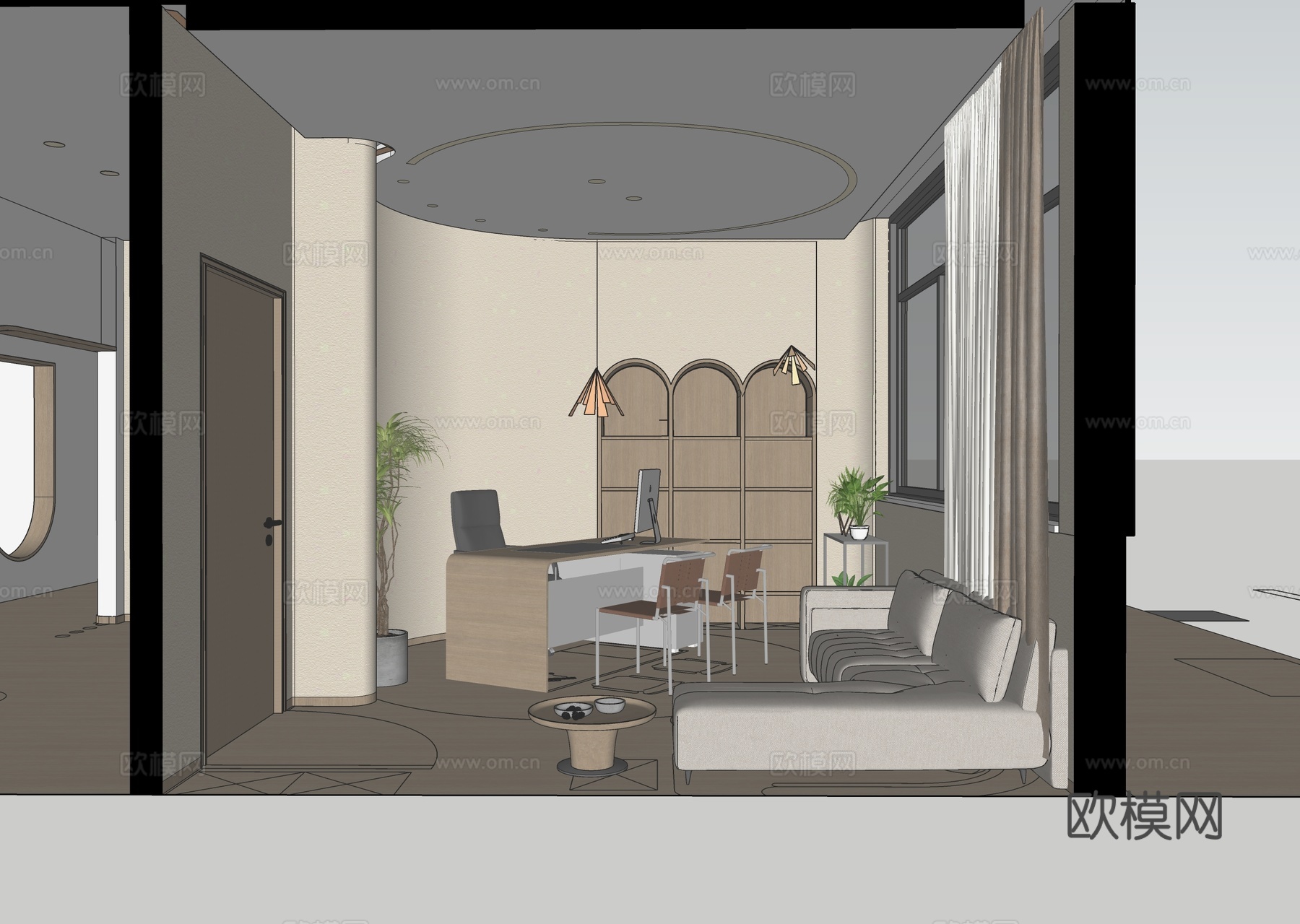 侘寂风经理办公室 办公桌椅 沙发组合su模型