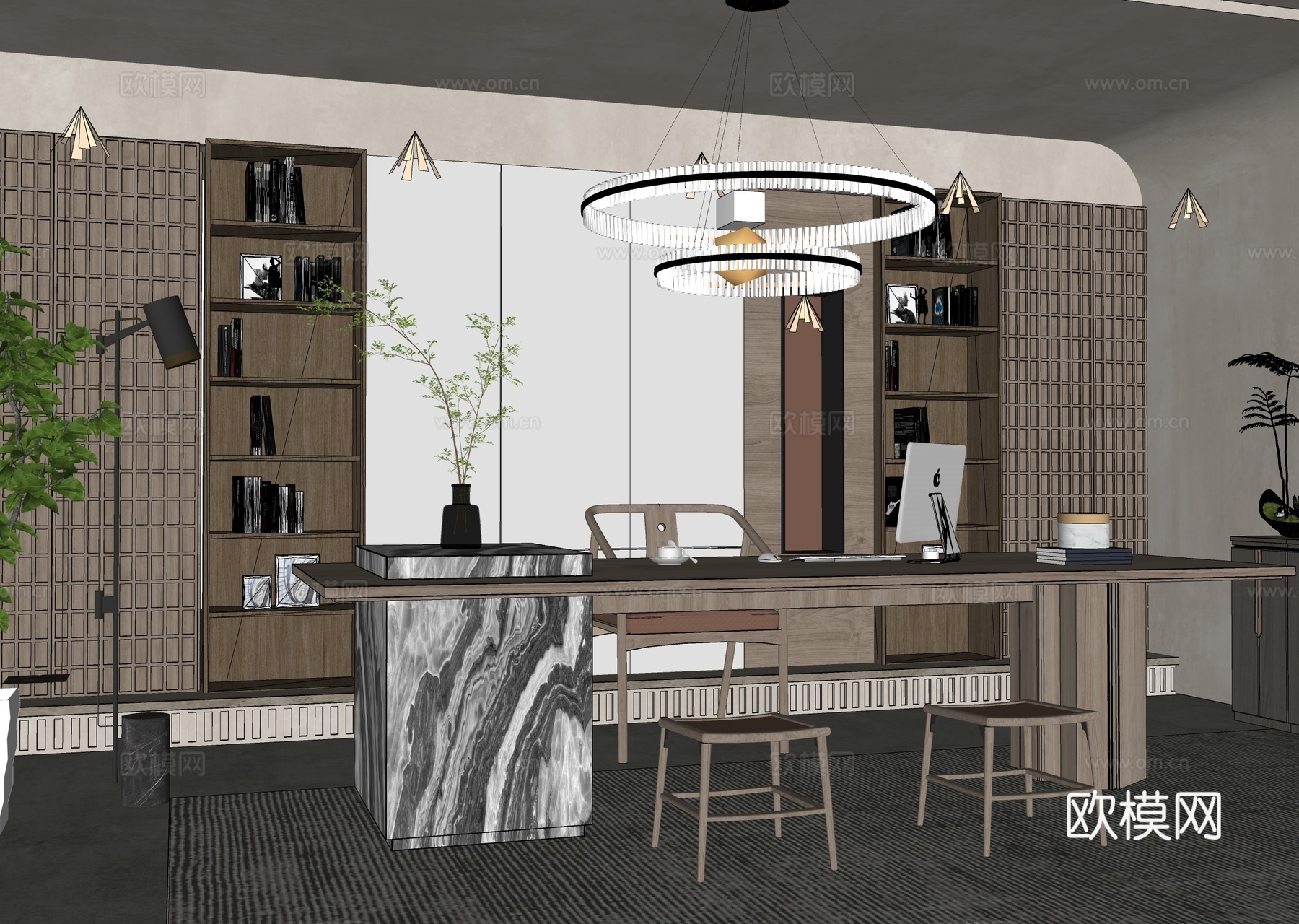 侘寂风经理办公室 办公桌椅 实木家具 书柜 室内盆栽 吊灯su模型