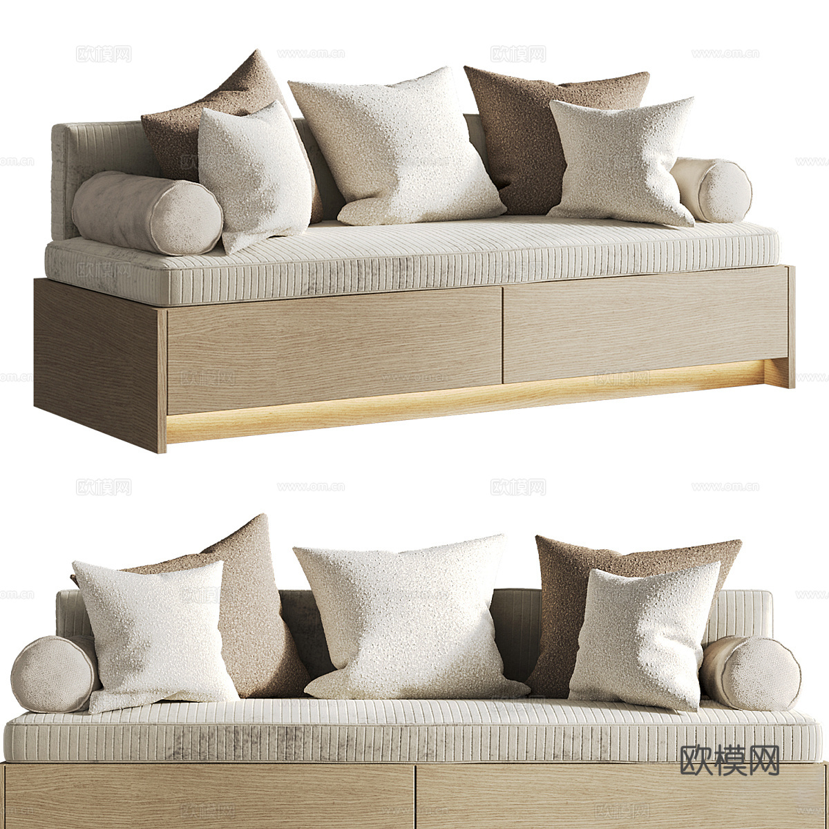 新中式布艺木质飘窗凳3d模型下载（渲染图1）