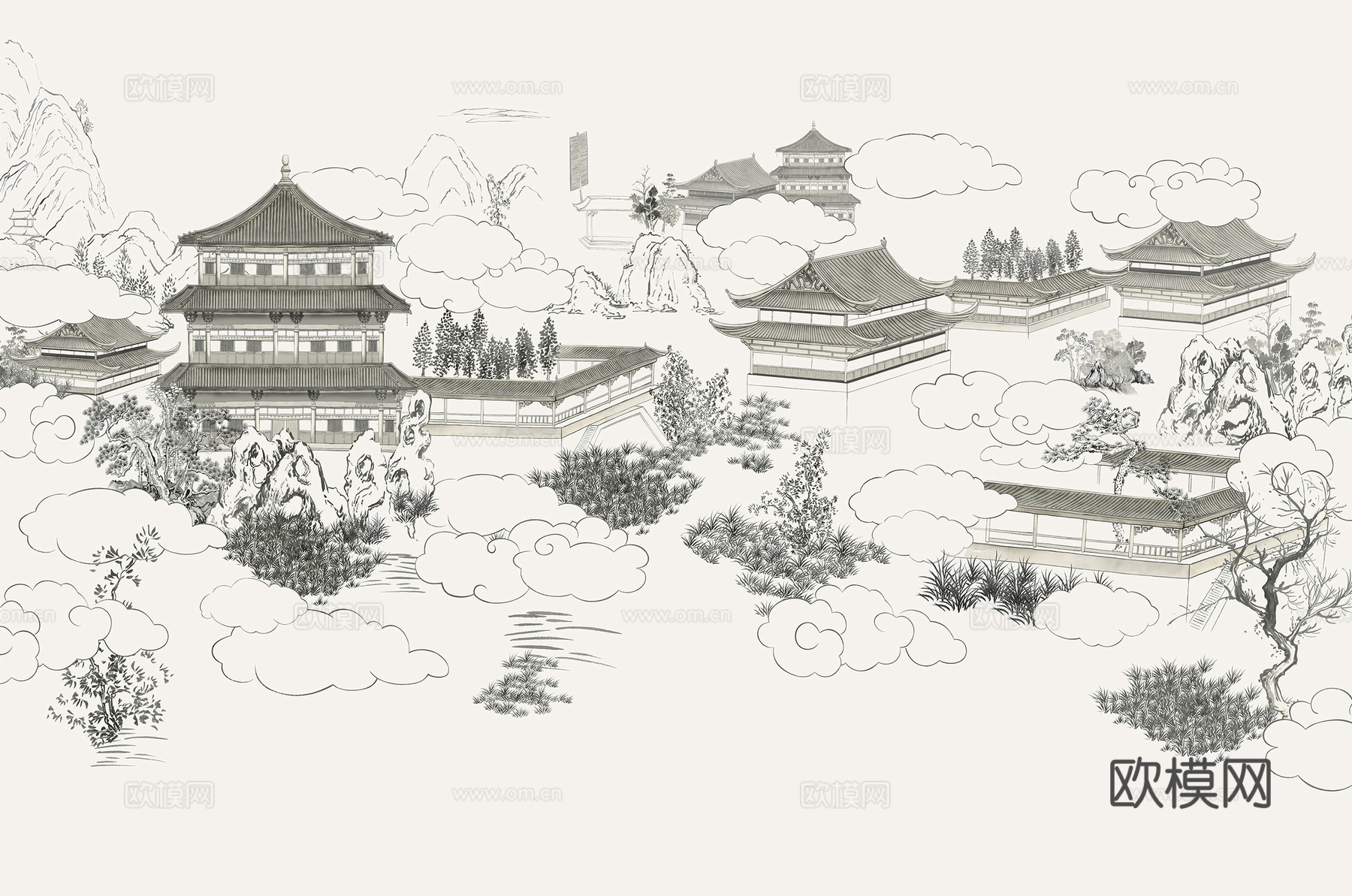 中式新中式山水建筑楼阁壁纸壁画