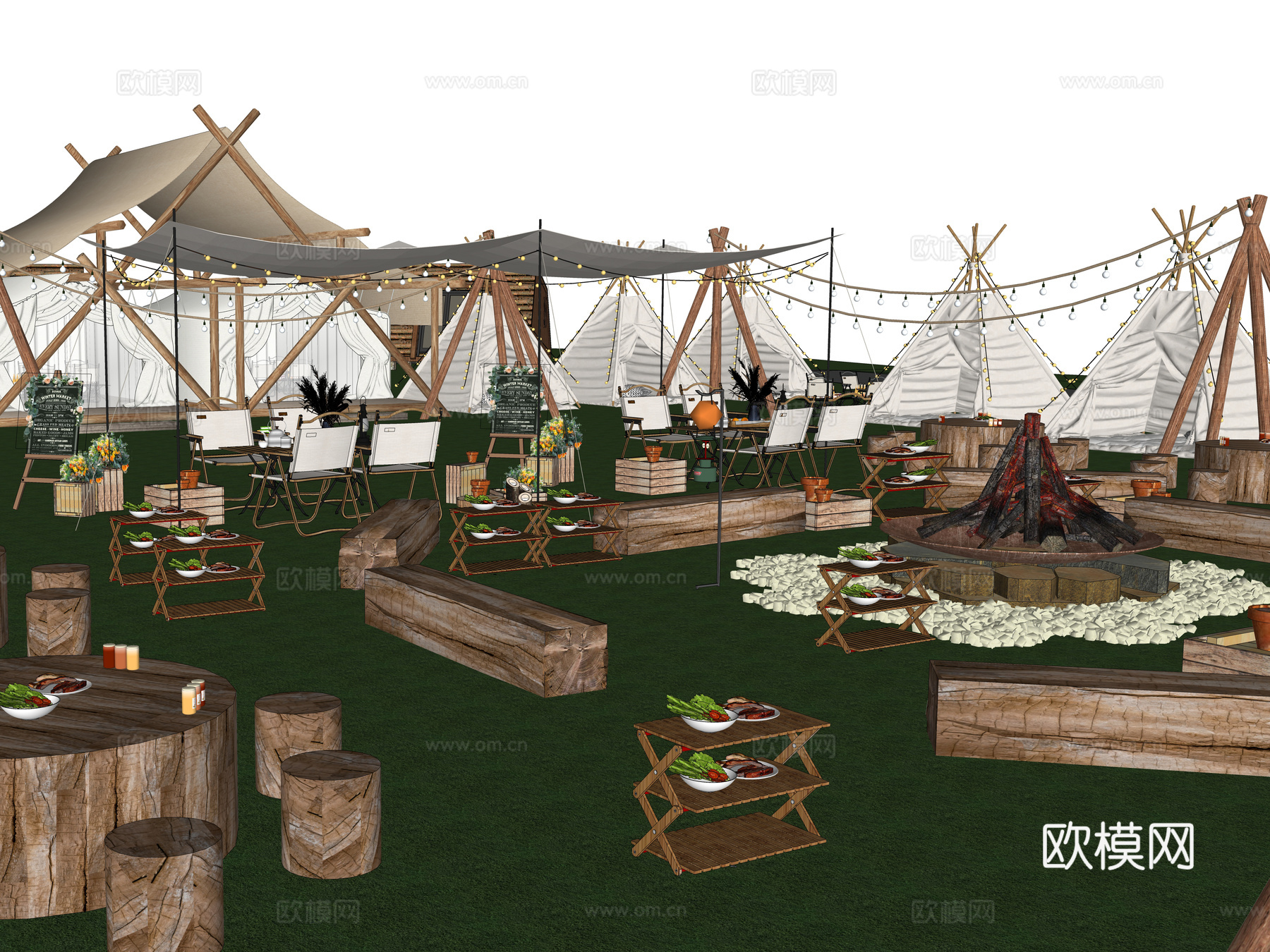 现代露营公园景观 户外露营帐篷 天幕帐篷 露营基地规划 草坪su模型