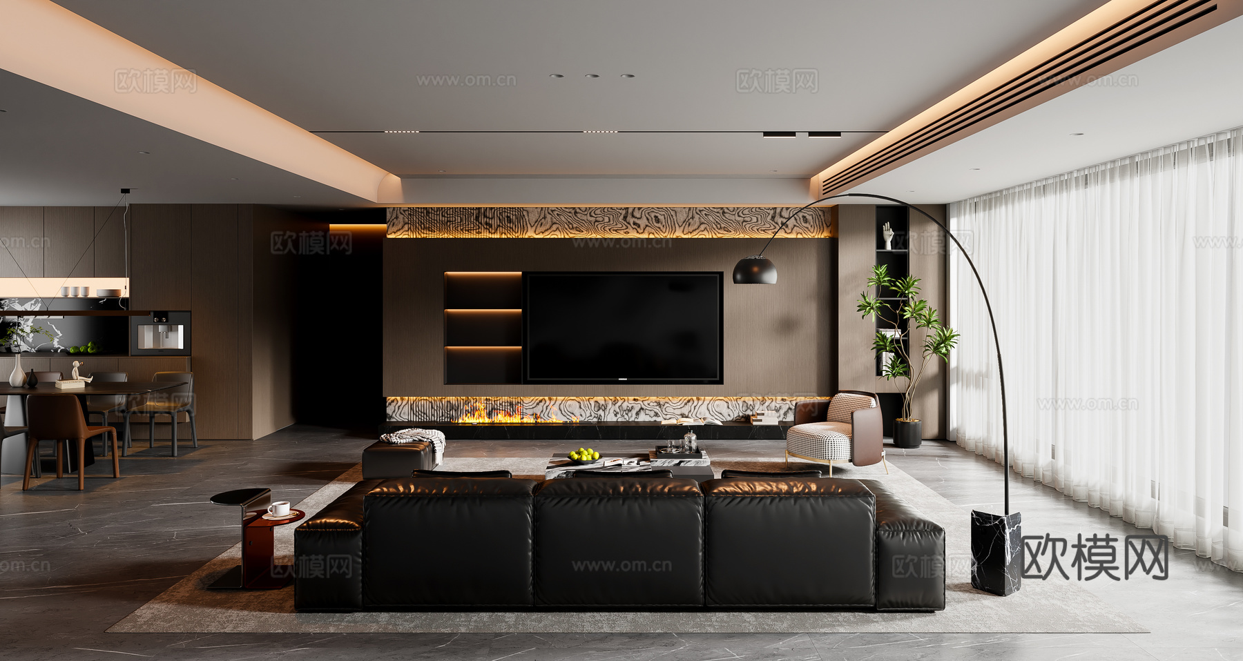 现代意式客餐厅 沙发茶几 餐桌椅 电视背景墙 餐边柜su模型