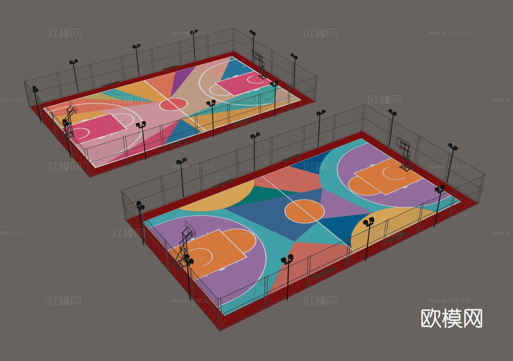 现代户外球场 篮球场 运动场地 半场篮球场 球场灯 铁围 铁su模型
