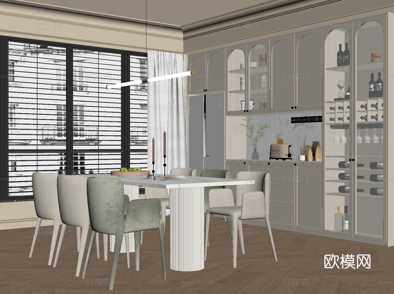 法式奶油风餐厅 酒柜 餐边柜 餐桌椅su模型