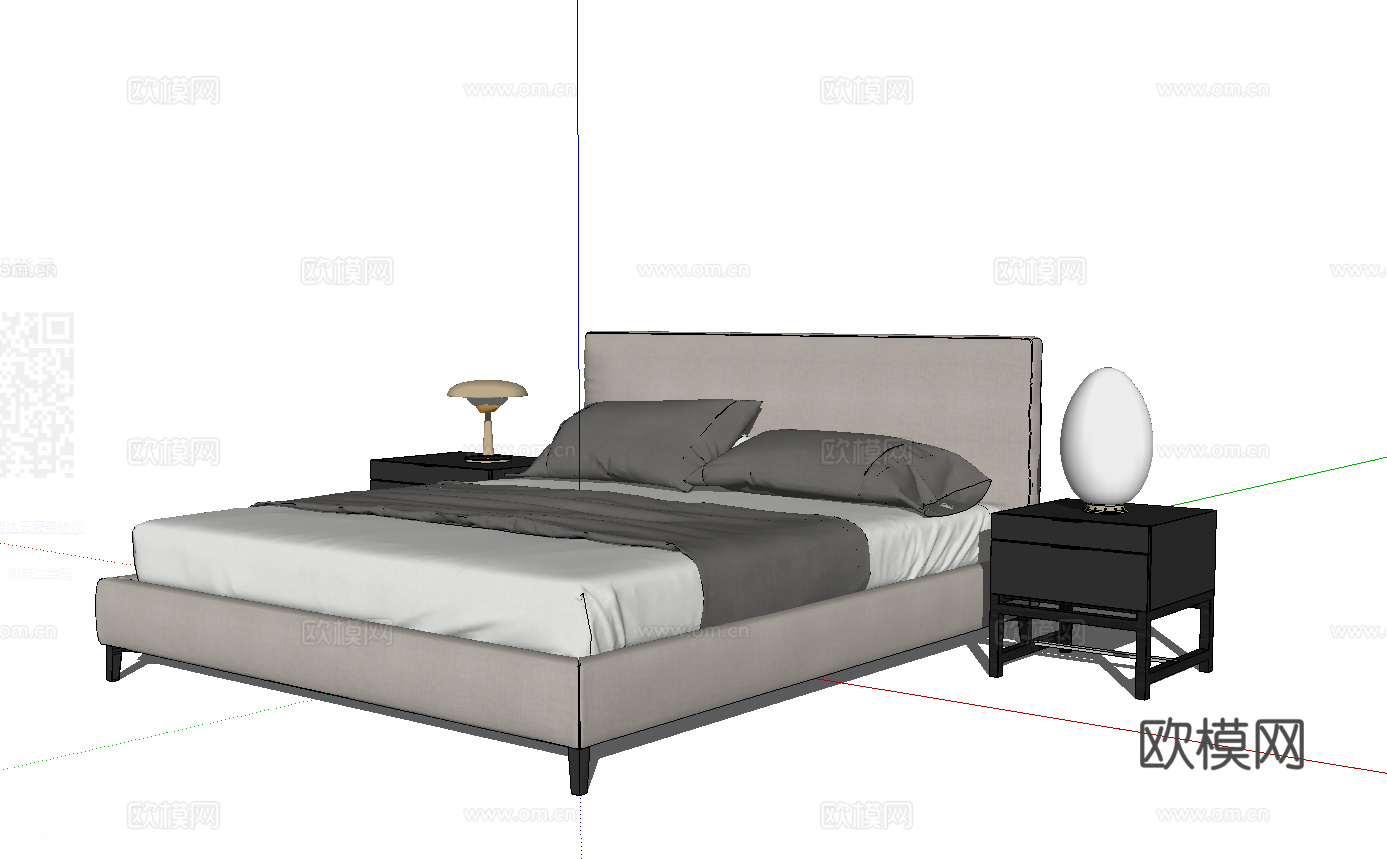现代双人床_床头柜_植物_雕塑摆件su模型