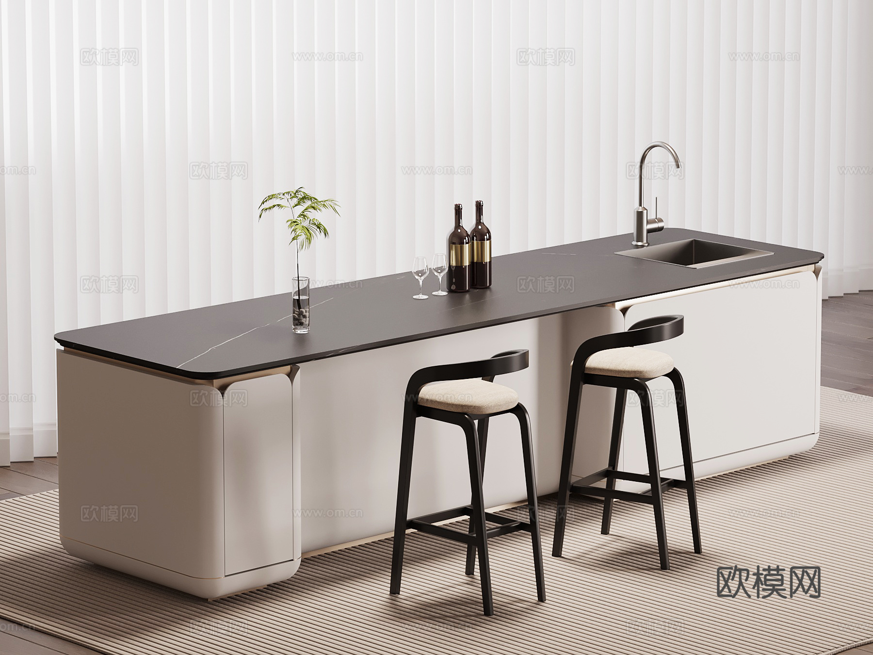 大理石水吧台 中岛餐桌 休闲吧椅3d模型下载