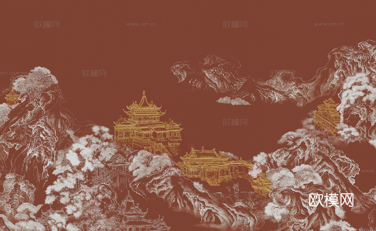 中式新中式山水建筑楼阁壁纸壁画下载