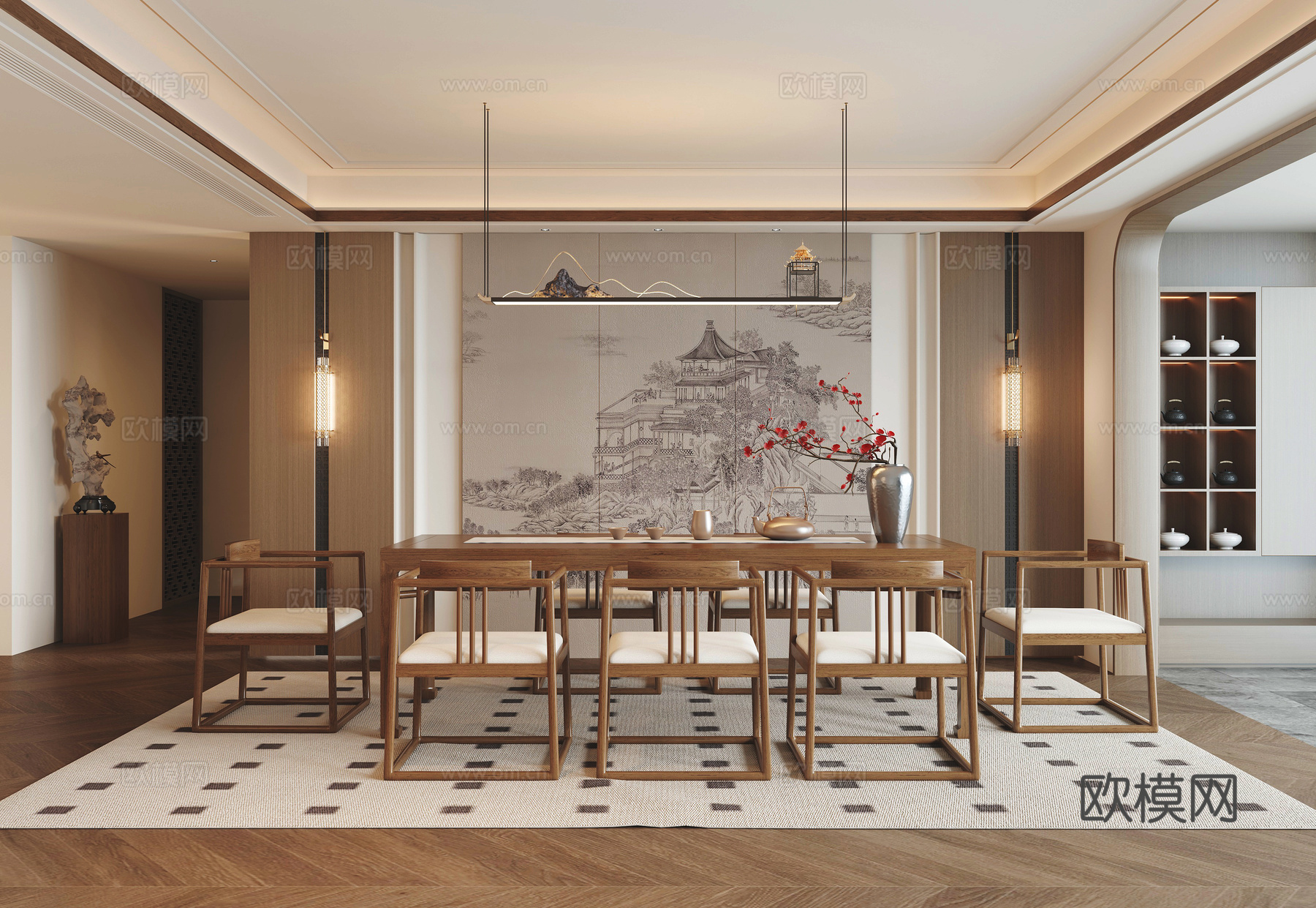 新中式餐厅3d模型下载_ID16147023_3dmax免费模型-欧模网