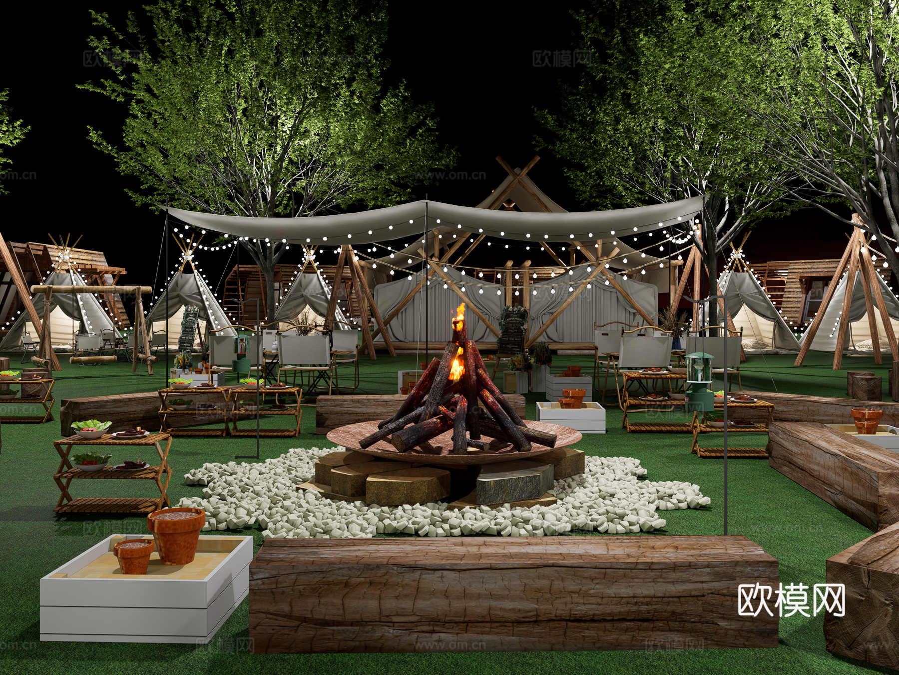 现代露营公园景观 户外露营帐篷 天幕帐篷 露营基地规划 草坪su模型