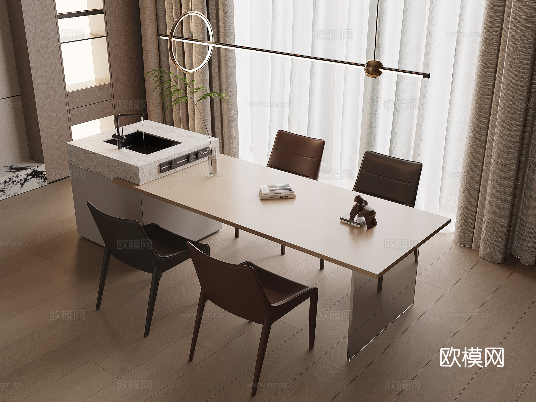 现代简约岛台 餐桌椅su模型
