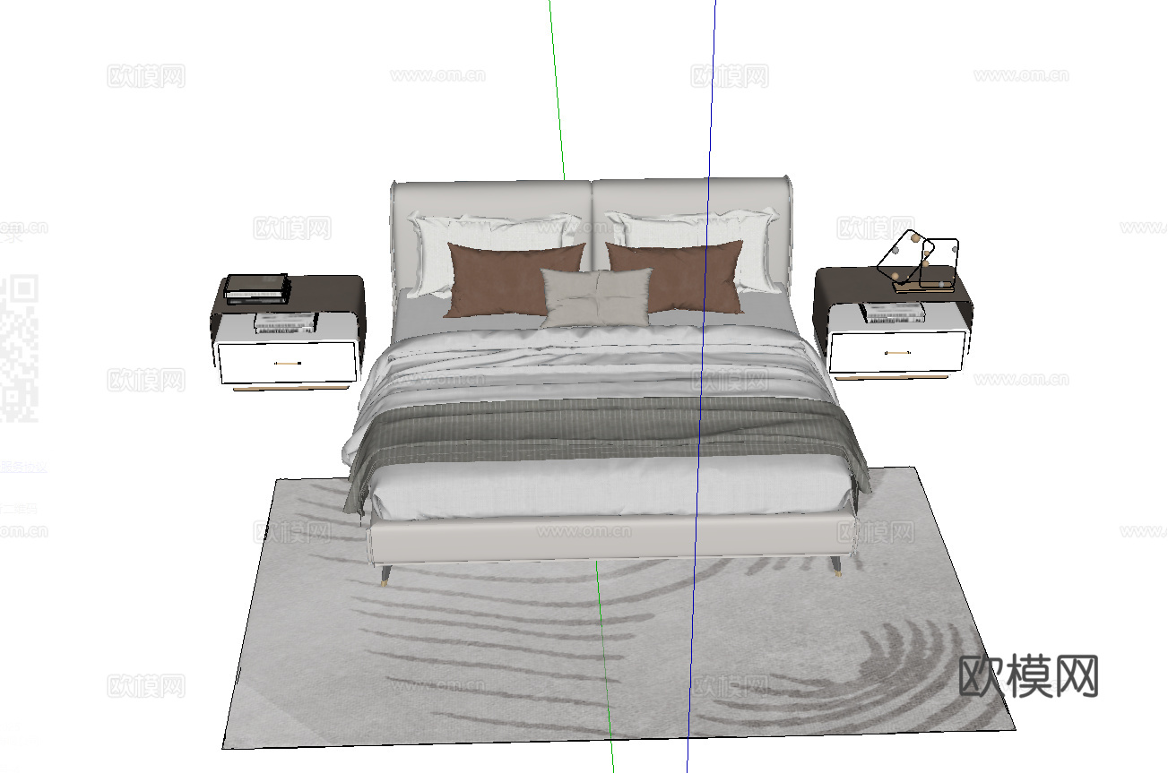 现代双人床_床头柜_地毯su模型