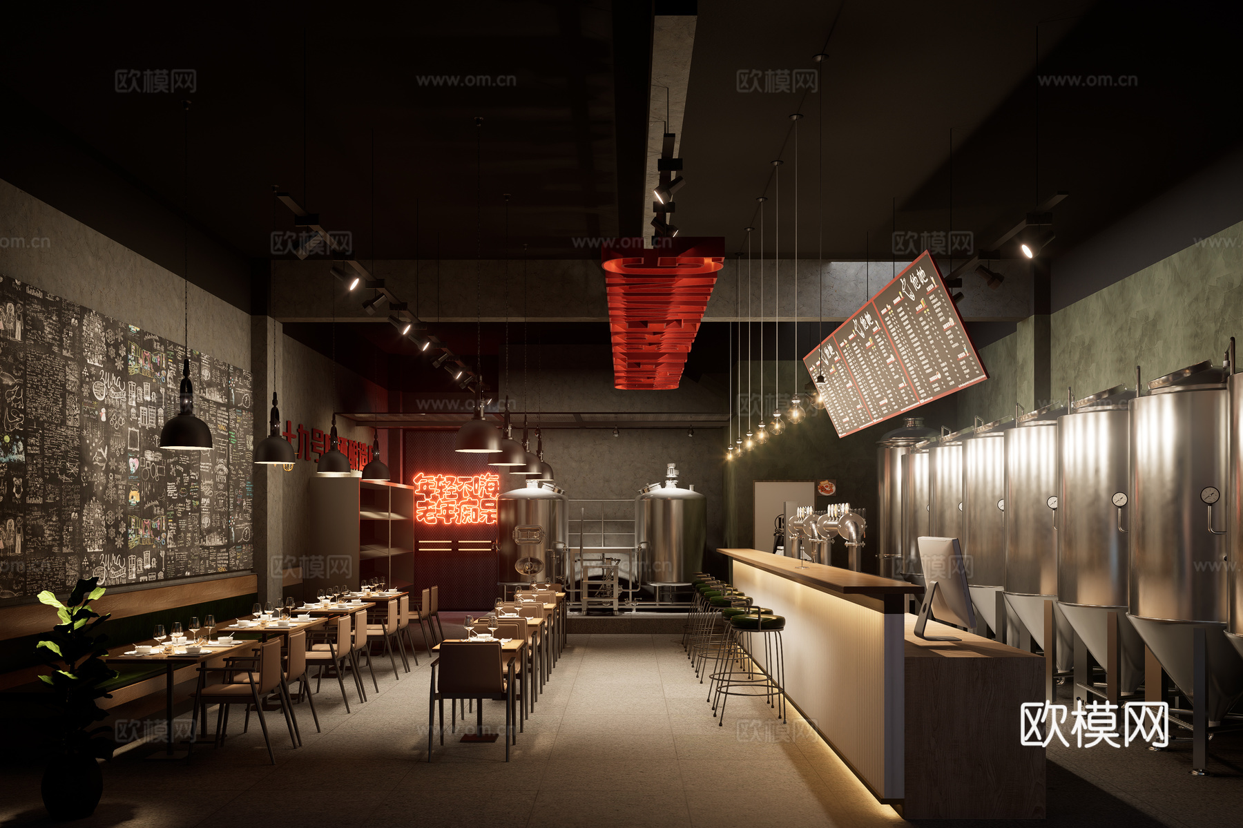 现代工业风酒吧餐饮店咖啡店su模型