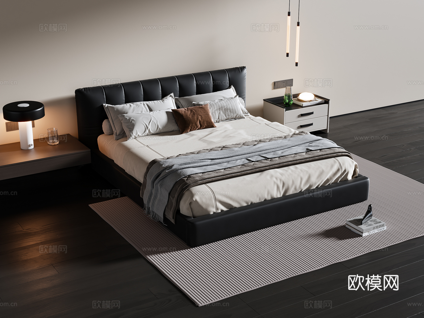 现代意式双人床 皮质双人床 床头柜 地毯su模型