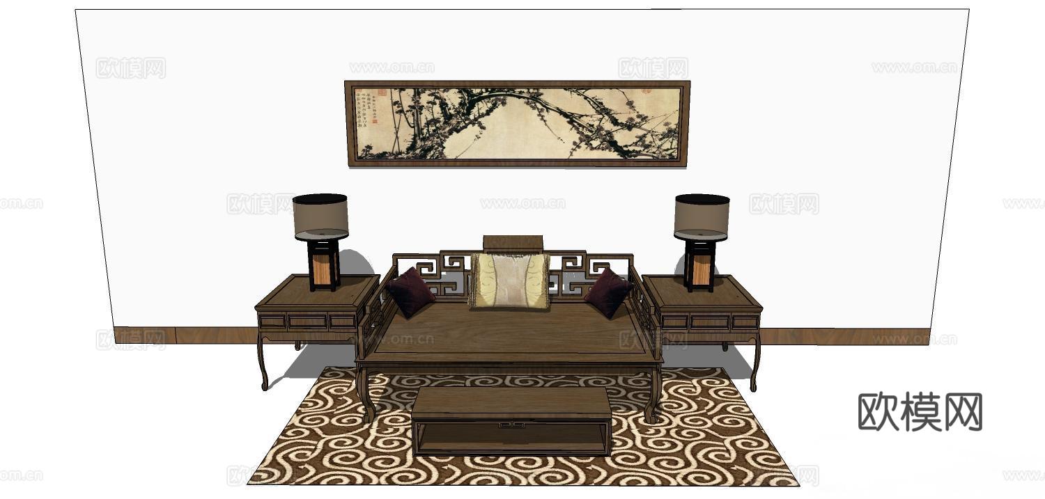 罗汉床 塌 实木床 床 实木罗汉床su模型