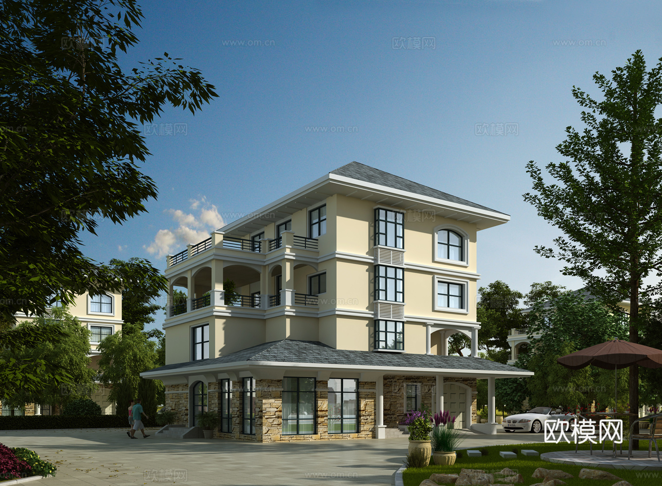 新中式别墅 中式别墅 外景 场景 别墅场景 景观 室外别3d模型下载