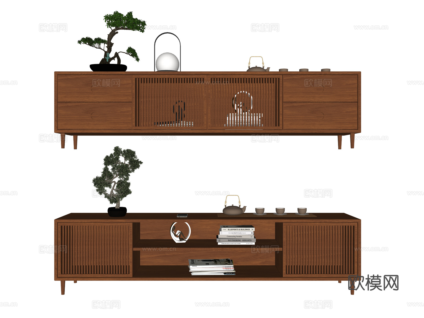 新中式客厅电视柜 电视柜组合 实木电视柜 成品电视柜su模型