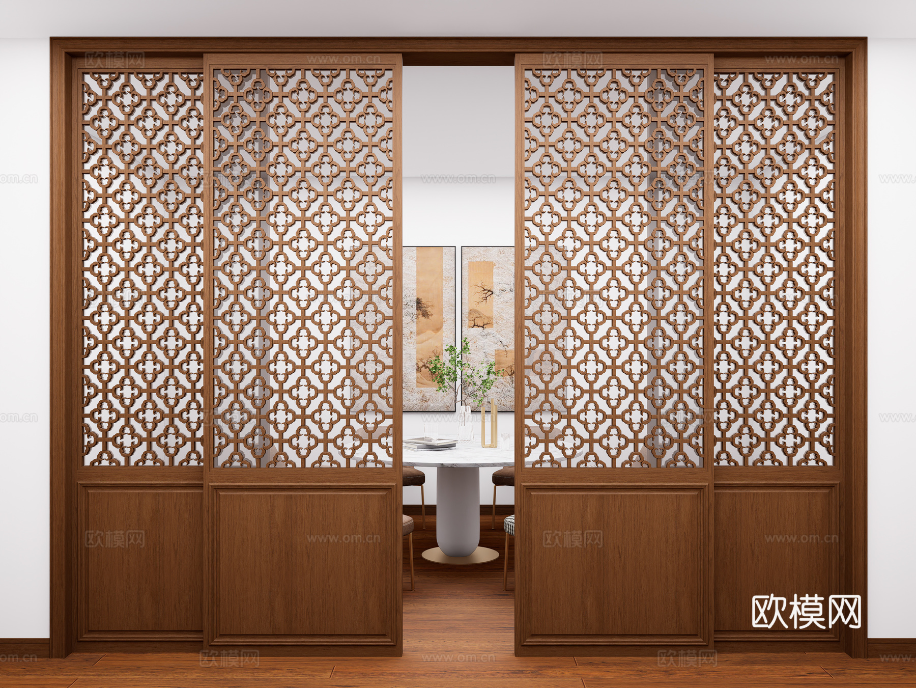 新中式玻璃推拉门 厨房雕花推拉门 实木推拉门 室内隔断推拉门su模型