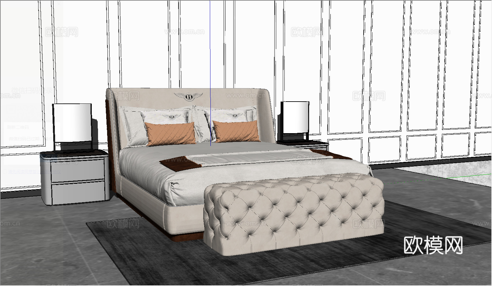 美式风格卧室_双人床_饰品摆件su模型