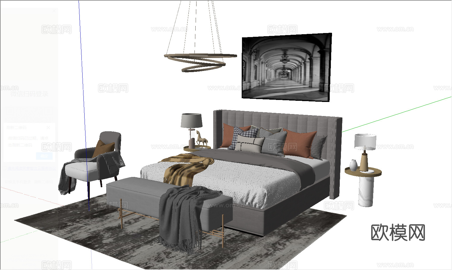 现代风格双人床_吊灯_沙发_边几su模型