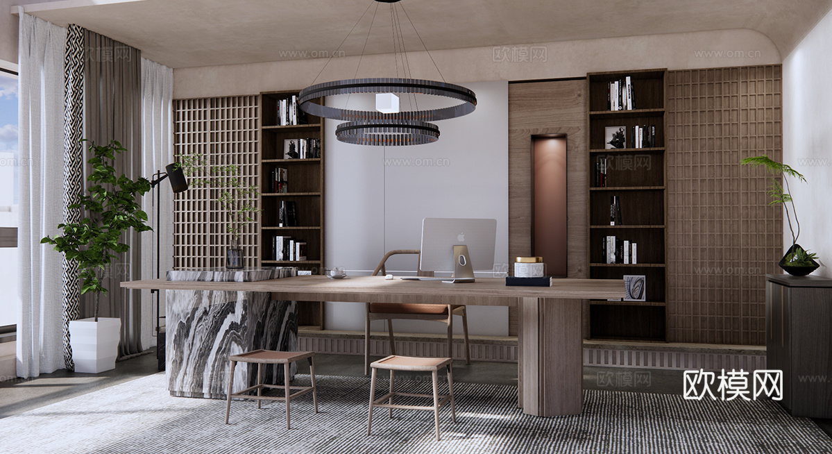侘寂风经理办公室 办公桌椅 实木家具 书柜 室内盆栽 吊灯su模型