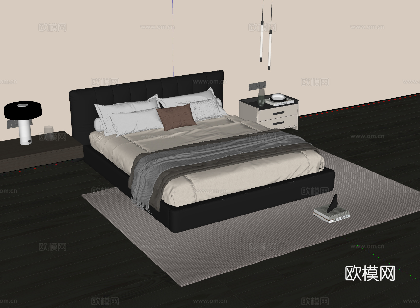 现代意式双人床 皮质双人床 床头柜 地毯su模型
