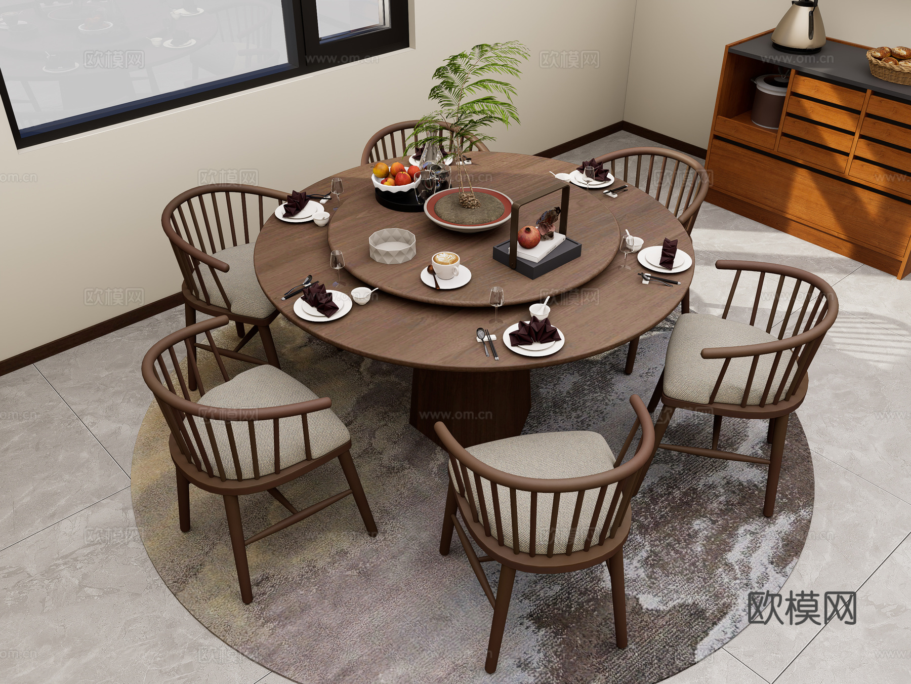 新中式原木餐桌椅 实木圆餐桌椅组合 六人位餐桌椅 原木风餐边su模型