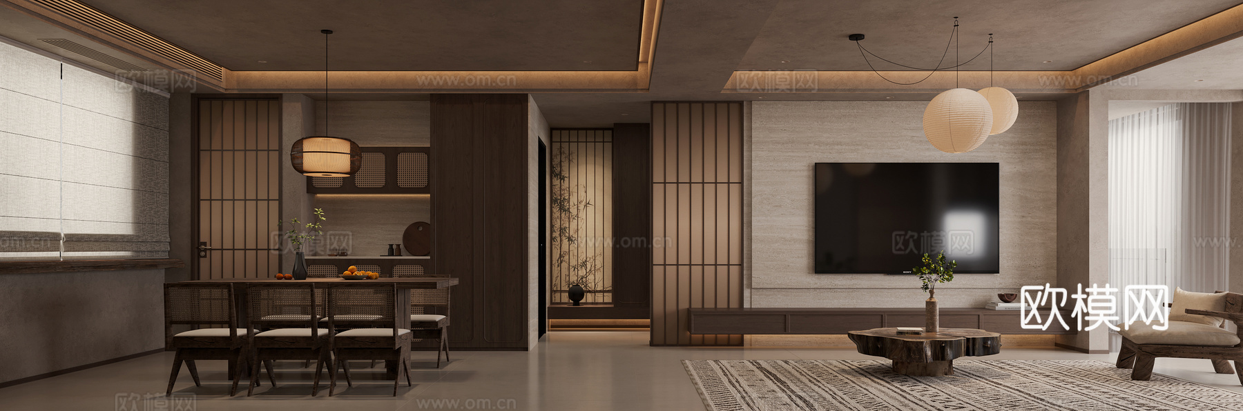 日式中古侘寂客餐厅3d模型下载