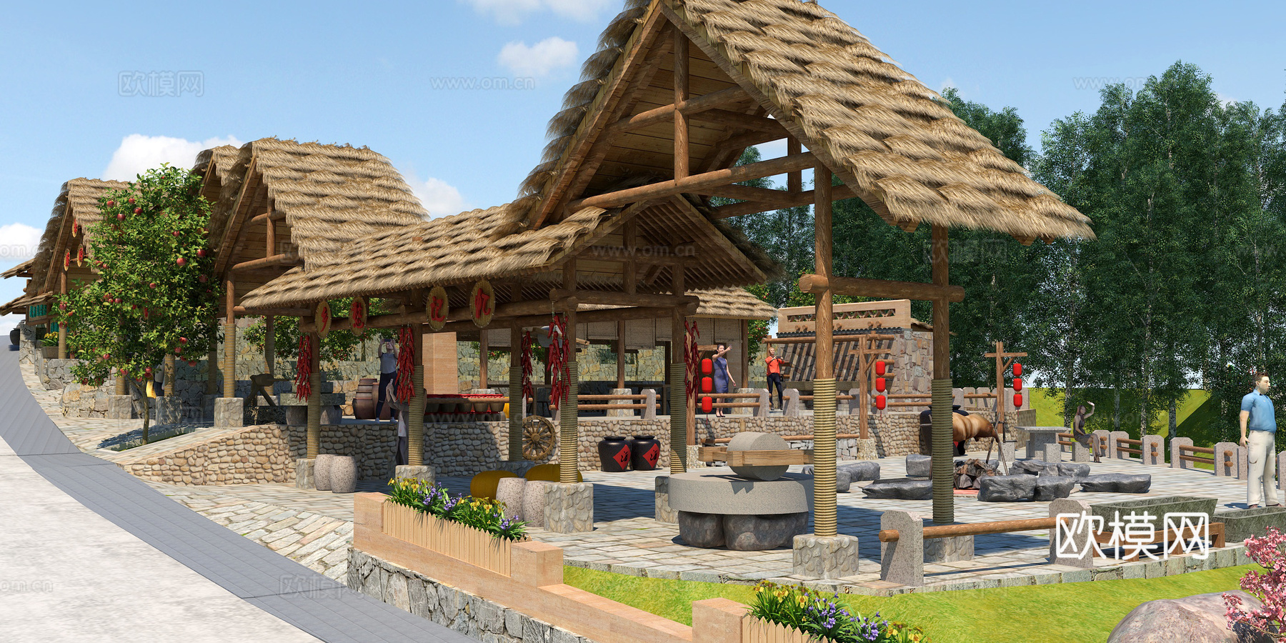 农家乐 民宿 小院 烧烤 连廊 休息厅 茅草亭 花墙 民俗3d模型下载（渲染图1）