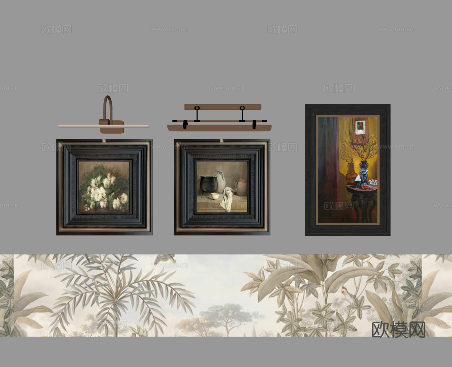 法式中古风装饰画 挂画 法式装饰画 壁灯复古高级画 壁灯su模型