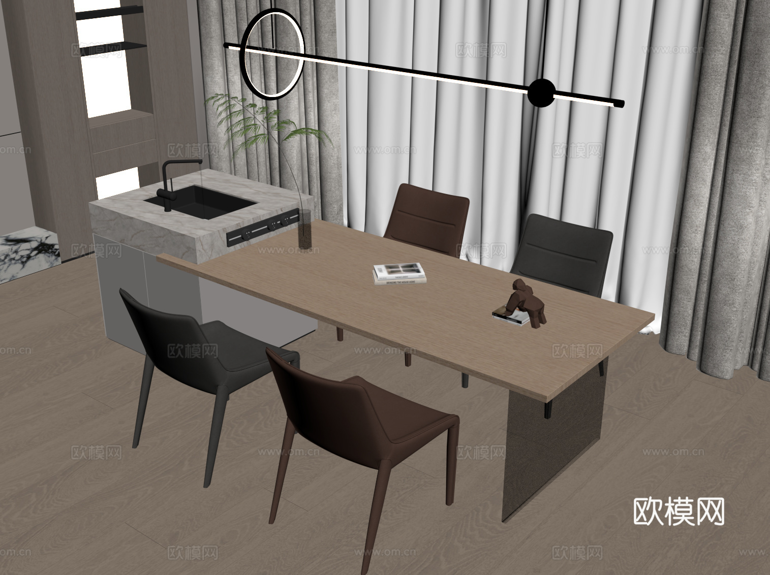 现代简约岛台 餐桌椅su模型