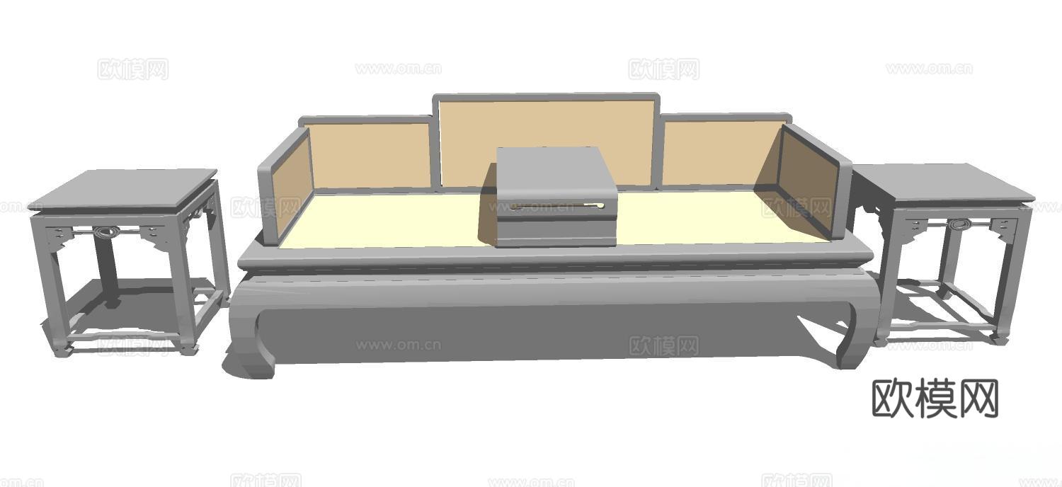 罗汉床 塌 实木床 床 实木罗汉床 沙发床 实木沙发su模型