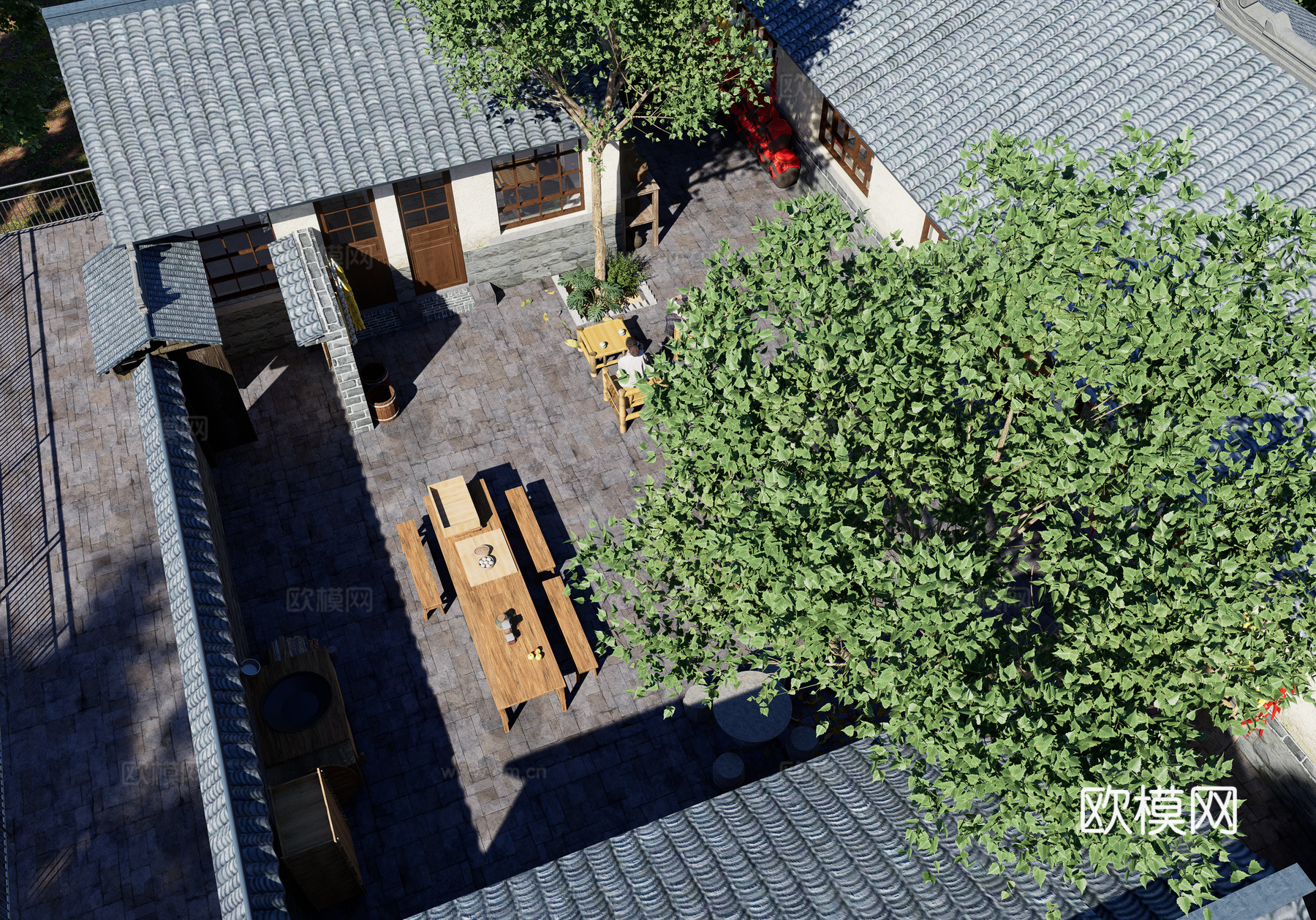 农村老院乡村别墅瓦片房su模型