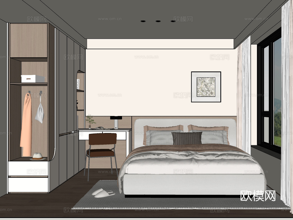 现代家居卧室 卧室衣柜 衣柜书桌一体 床头背景墙 卧室双人床su模型