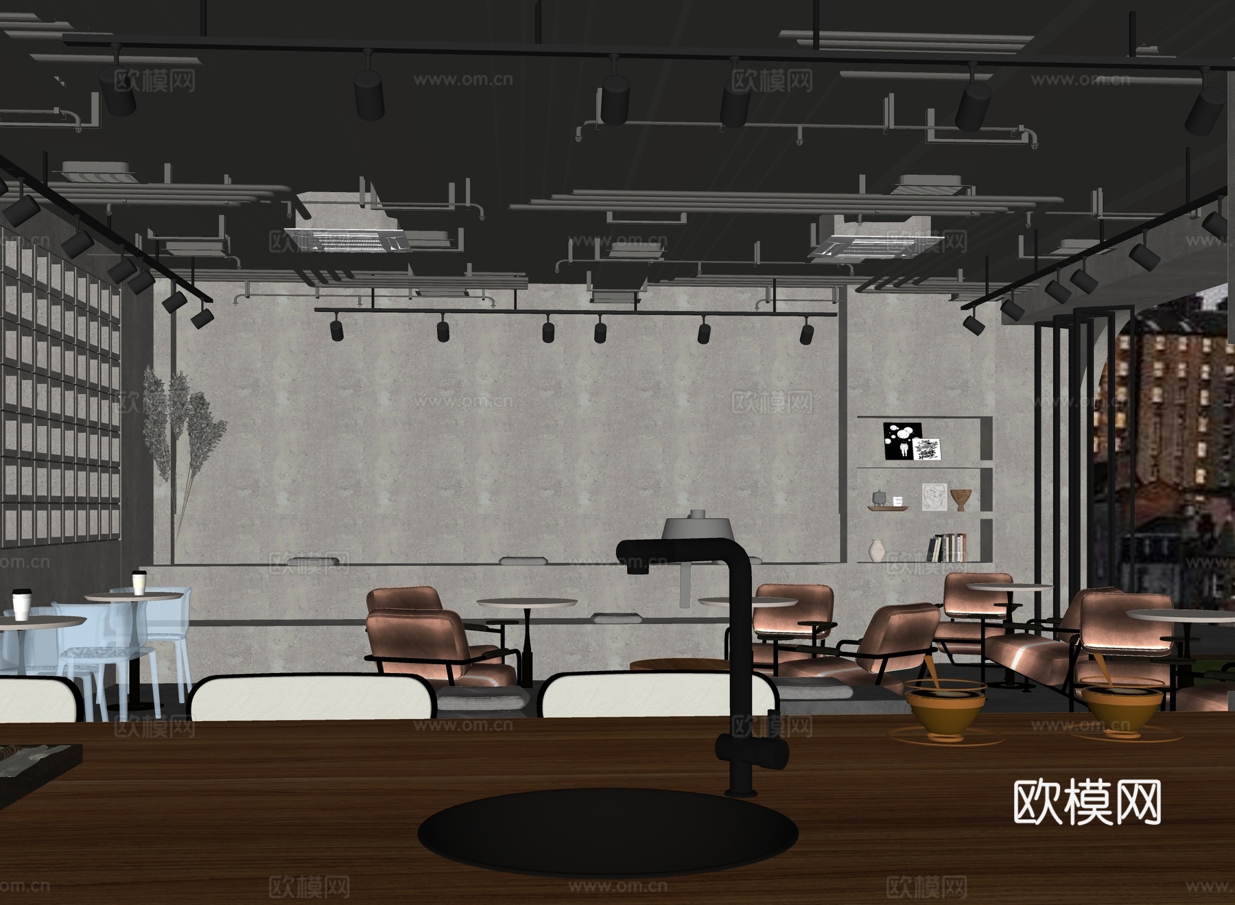 侘寂风咖啡店 餐桌椅组合su模型