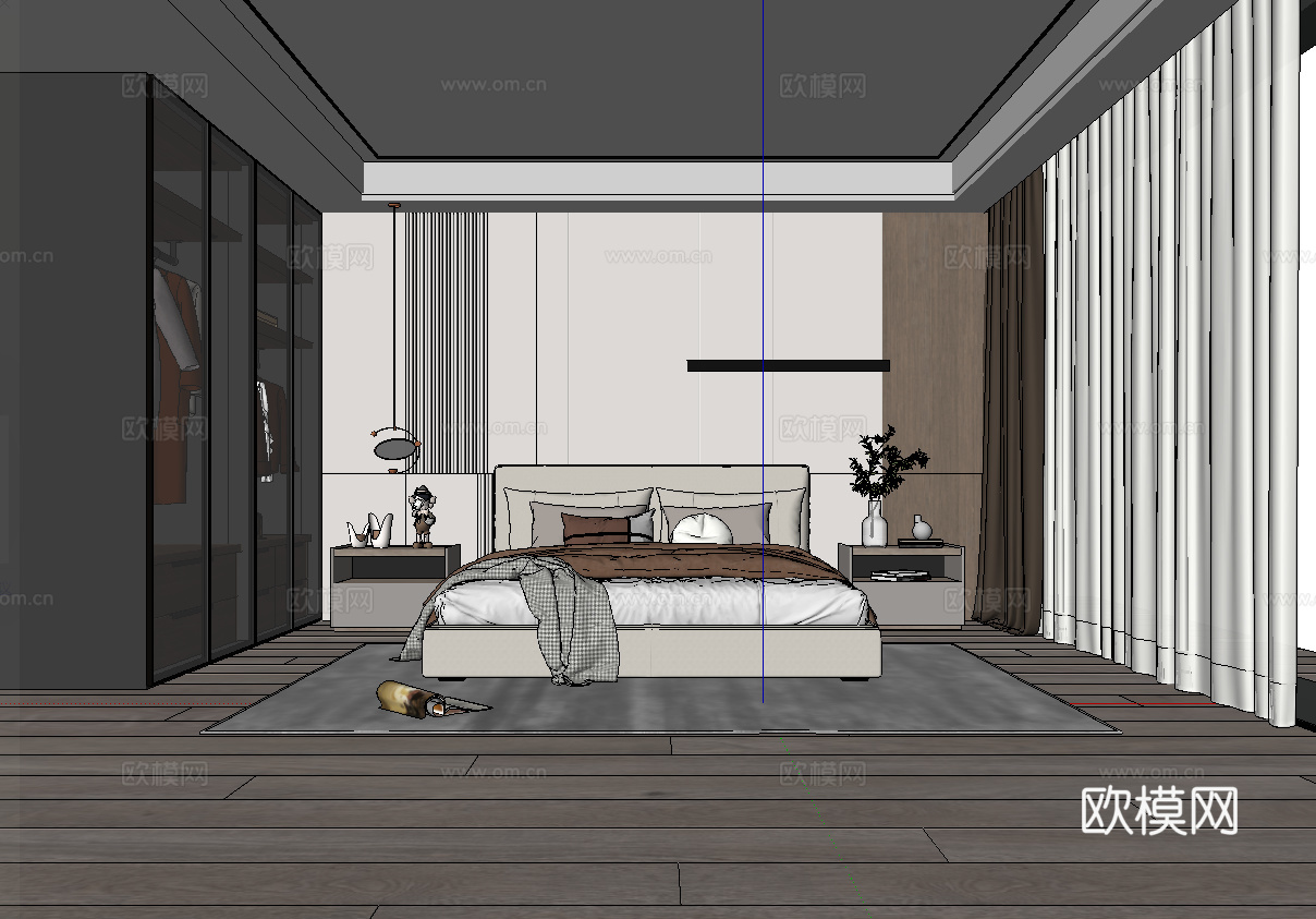 现代风格双人床卧室_吊灯_沙发_边几su模型