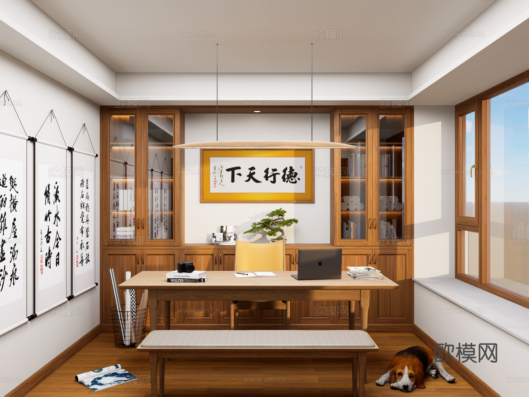 新中式家居书房 原木风书柜书房 新中式书柜 装饰柜摆件组合su模型