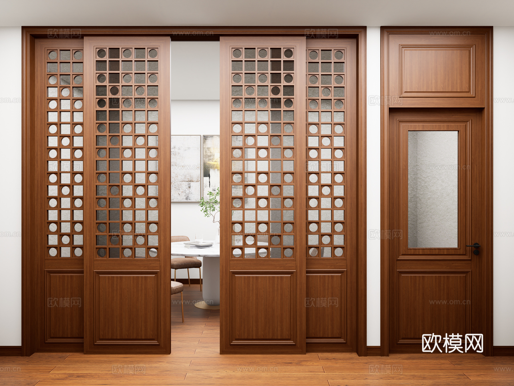 新中式实木玻璃推拉门 卫生间平开门 卫生间单开门 实木玻璃门su模型