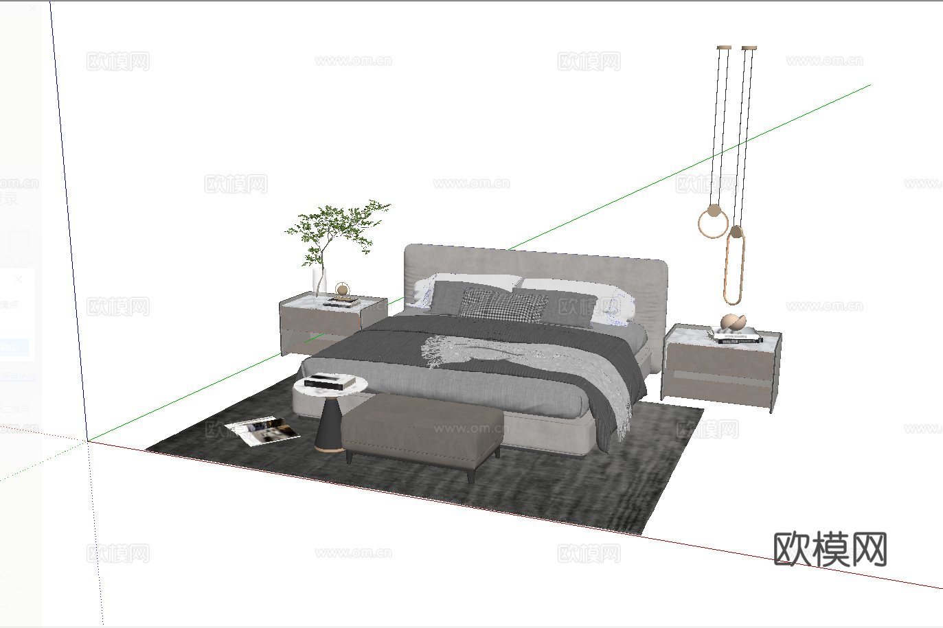 现代双人床_床头柜_植物_雕塑摆件su模型