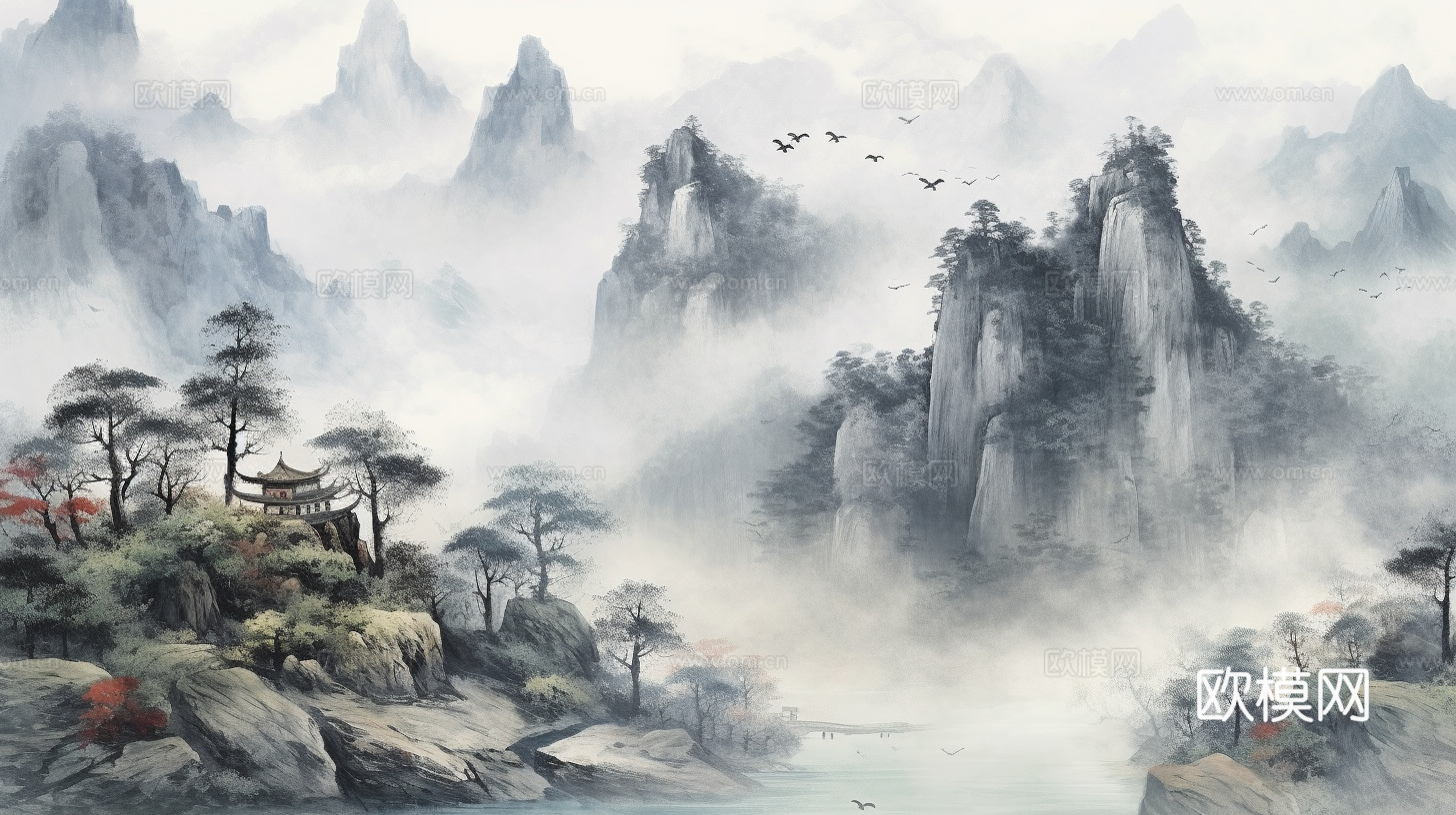 中式新中式山水壁纸壁画