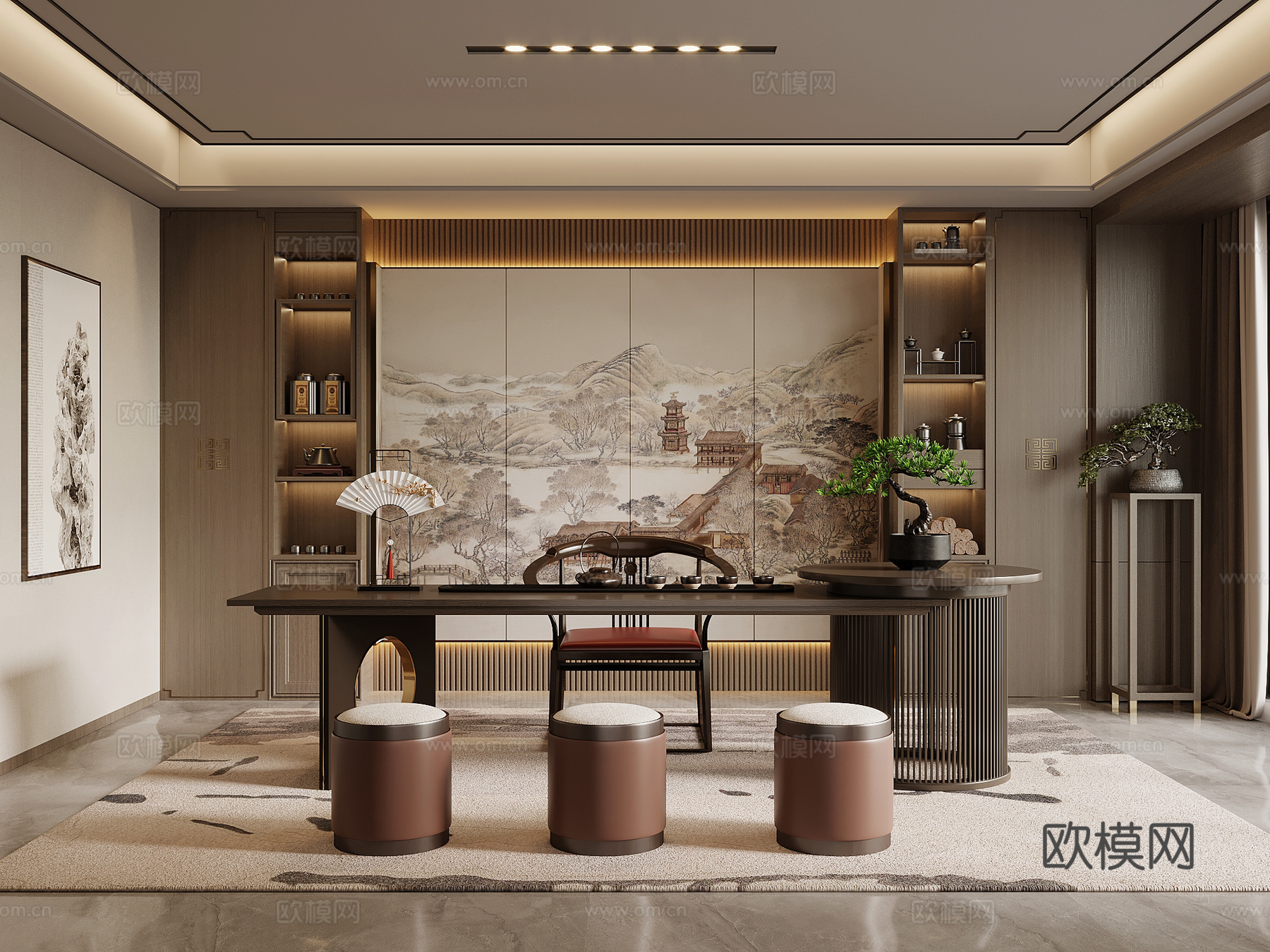 新中式茶室 茶桌椅 书柜su模型