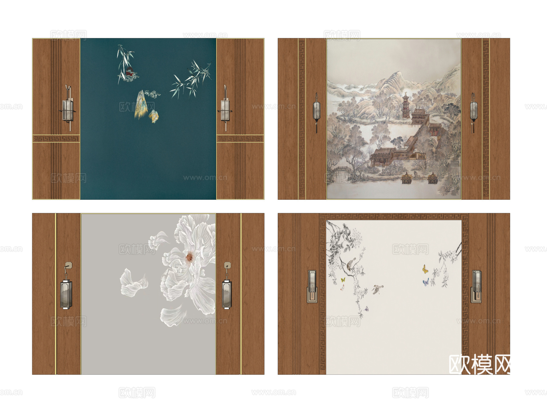 新中式卧室背景墙 客厅电视背景墙 木饰面背景墙 中式原木护墙su模型