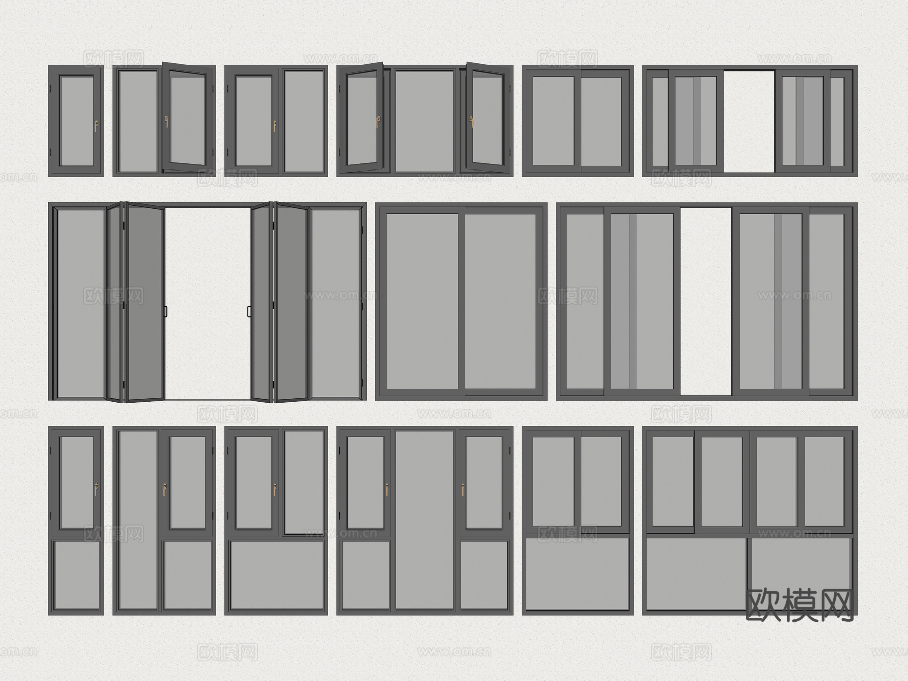 现代门窗组合 断桥铝合金门窗 铝合金推拉门 落地门窗 折叠窗su模型
