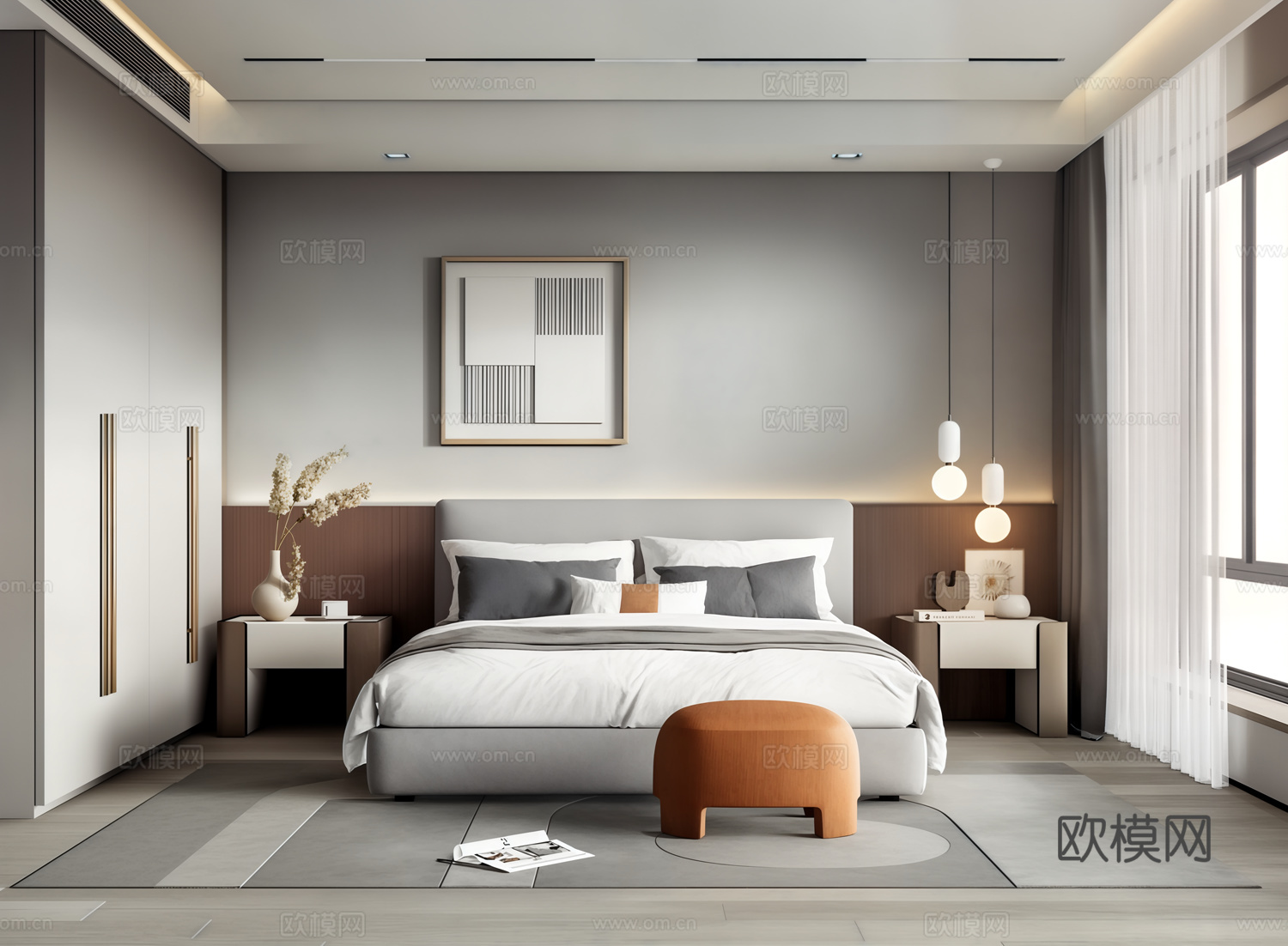 现代卧室_双人床_床头柜_吊灯_书桌椅_雕塑摆件su模型