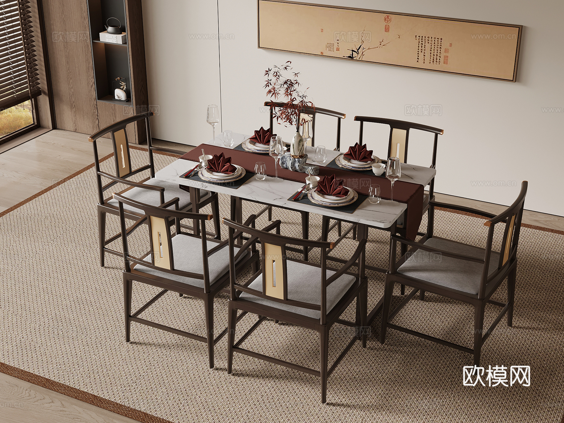 新中式餐桌椅su模型