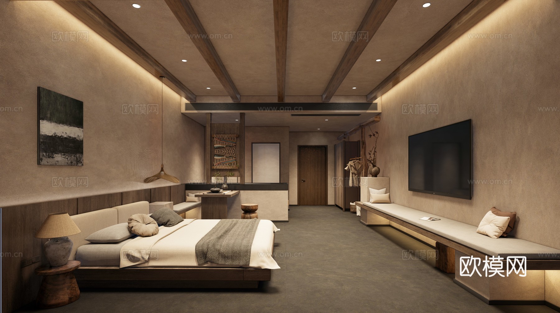 新中式中古民宿客房_中古民宿_姹寂风民宿_民宿客房_客房su模型