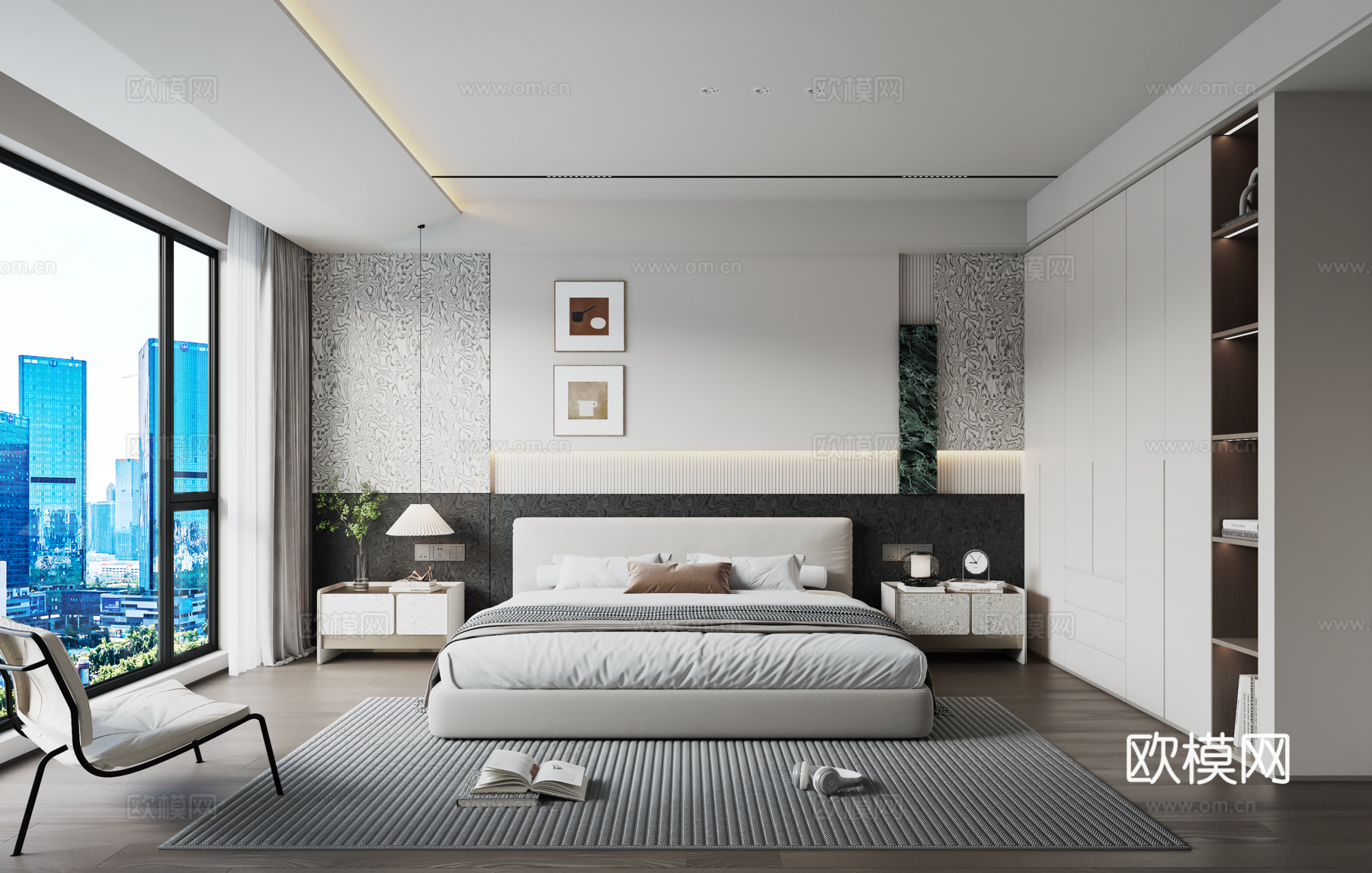 现代意式卧室 双人床 衣柜su模型