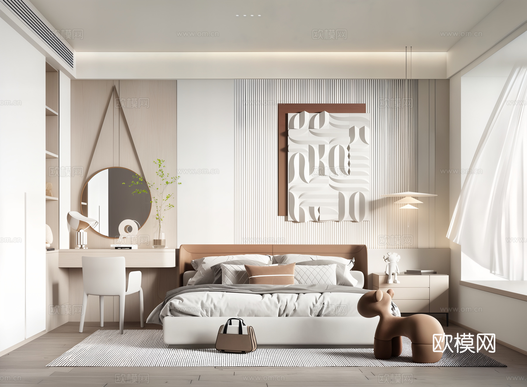 现代卧室_双人床_床头柜_吊灯_书桌椅_雕塑摆件su模型