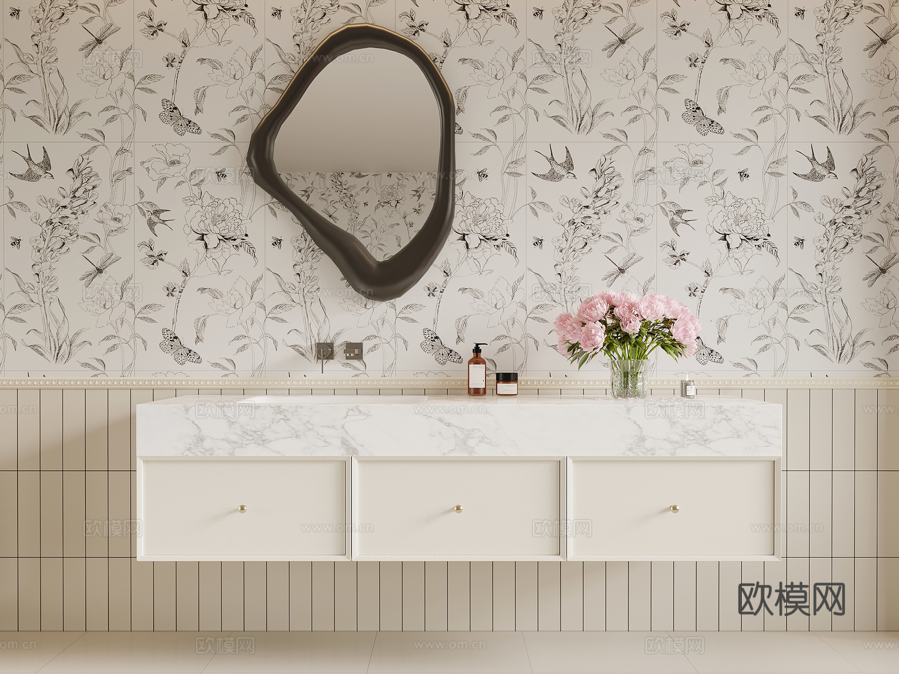 法式奶油风浴室柜 洗手台su模型