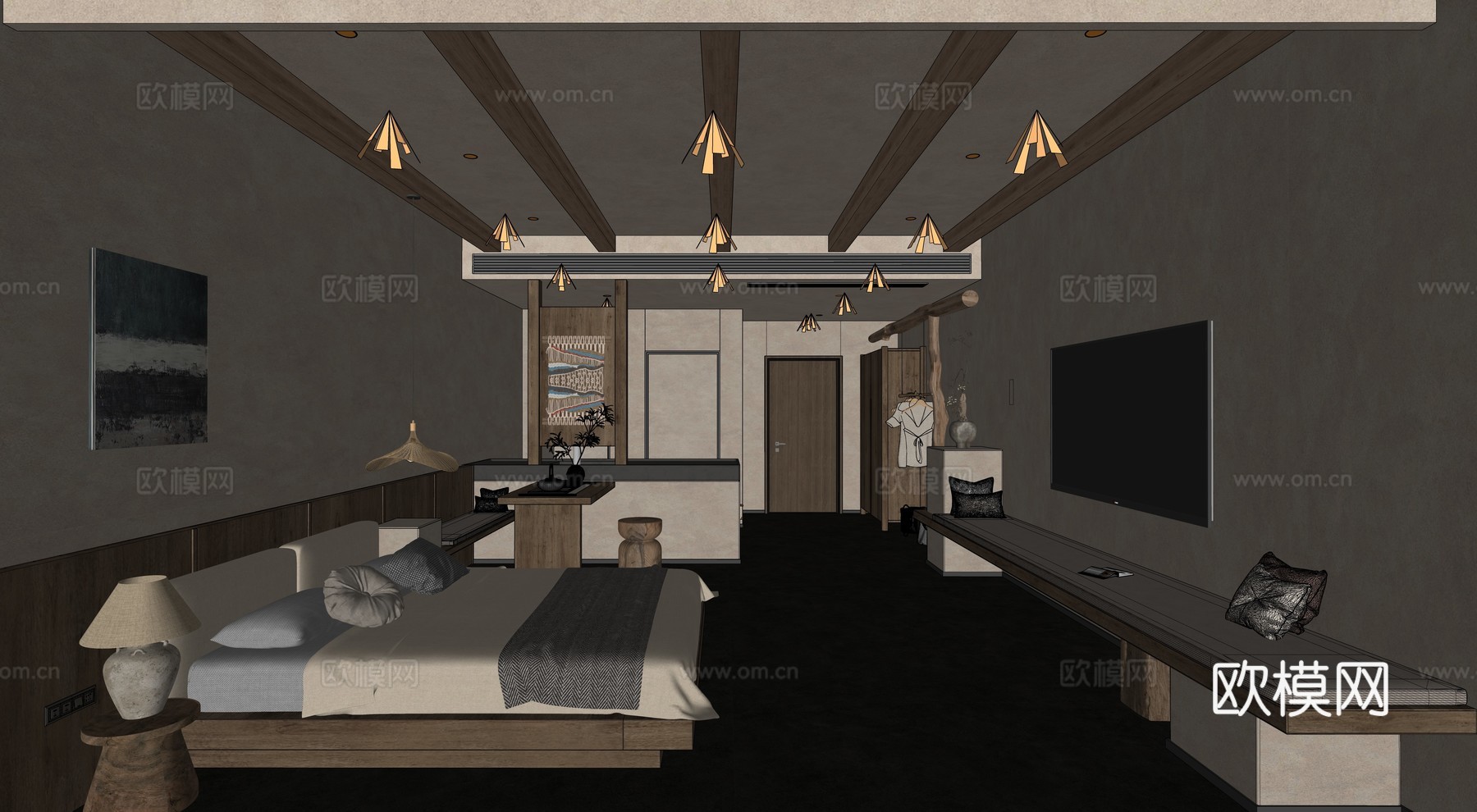 新中式中古民宿客房_中古民宿_姹寂风民宿_民宿客房_客房su模型